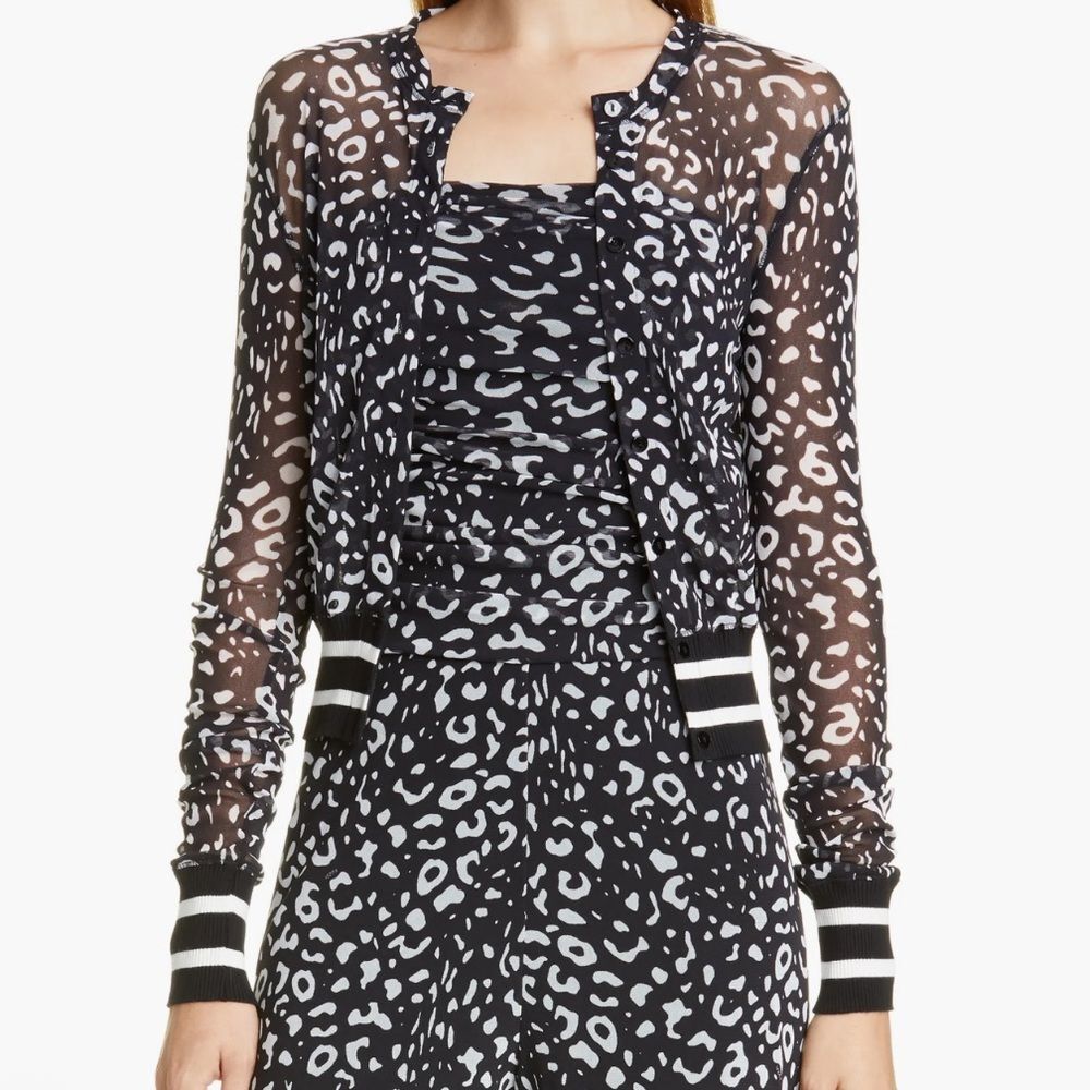 Fuzzi Graphic Leopard Print Tulle Bomber Jacket Sheer Mesh Ribbed Stripe Cuff